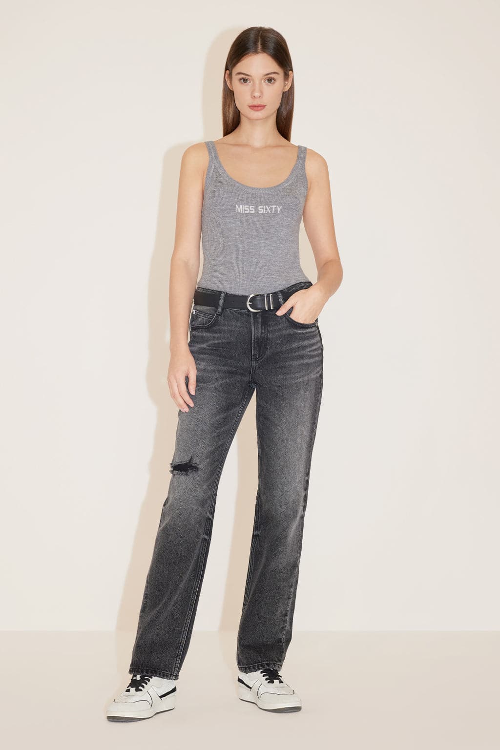 Black And Grey Ripped Straight Fit Jeans