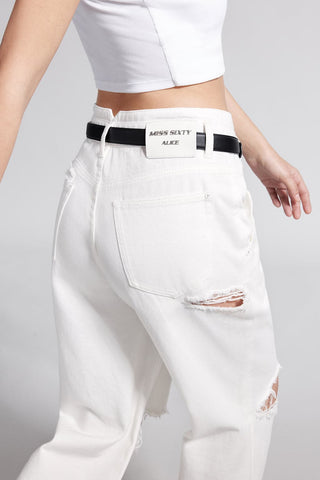 V-Shape Waist Ripped White Jeans