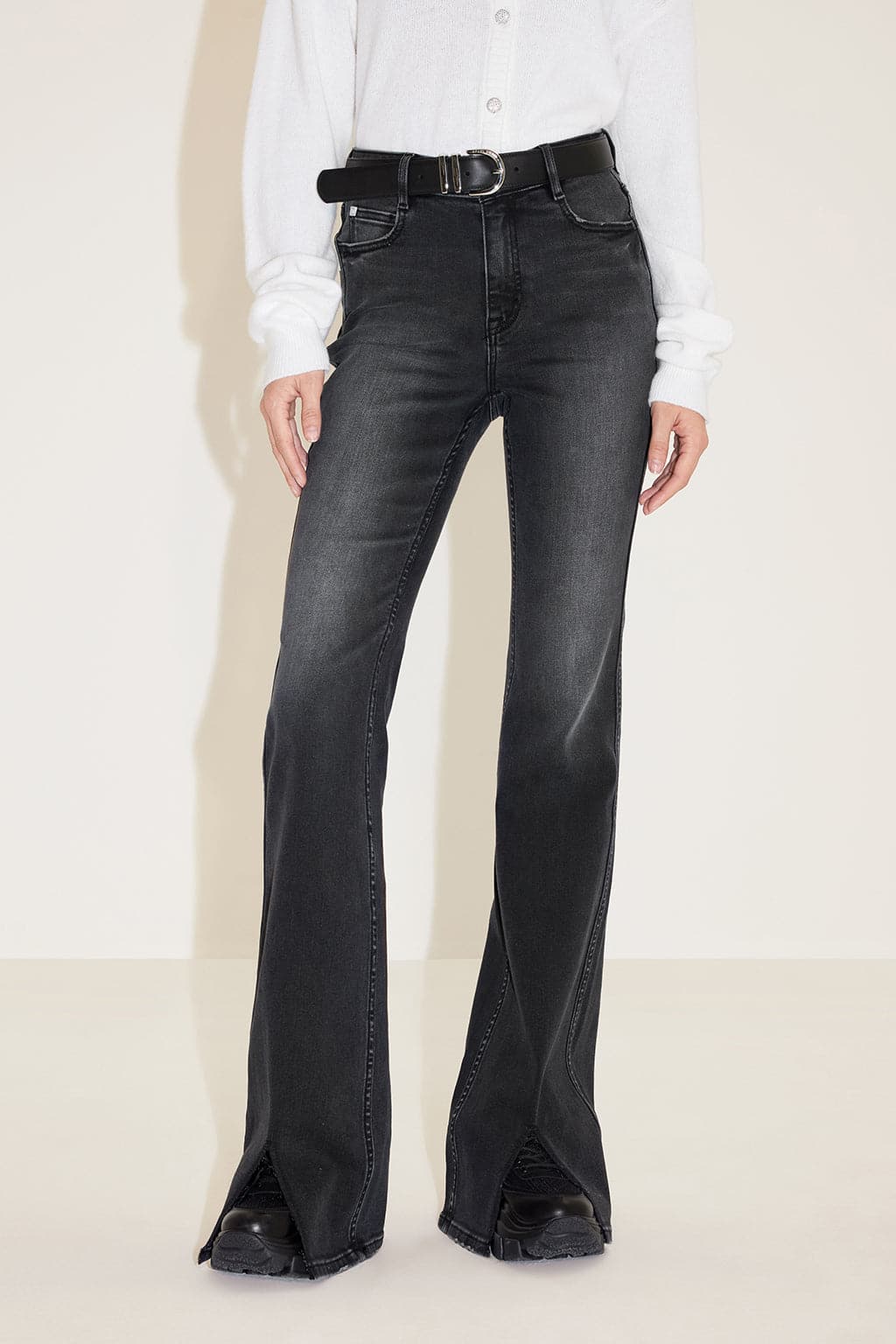 Vintage Black And Grey Slit Flared Jeans