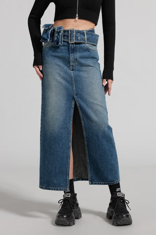 Cargo Style Denim Skirt With Detachable Belt
