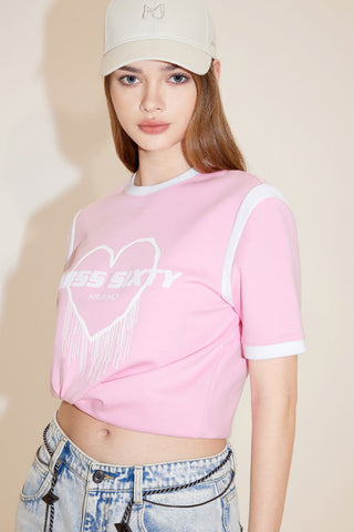 Round Neck Heart-Shaped Printed Colour Block Short Sleeves T-Shirt