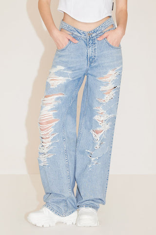 Cut Out Waist Ripped Wide Leg Jeans