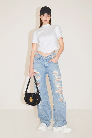 Cut Out Waist Ripped Wide Leg Jeans