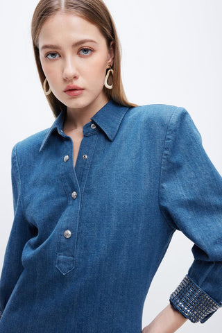 Lapel Shoulder Padded Blue Denim Dress