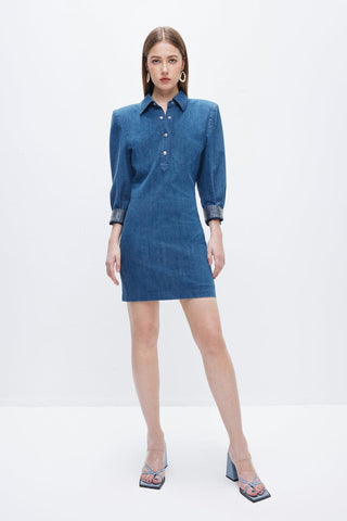 Lapel Shoulder Padded Blue Denim Dress