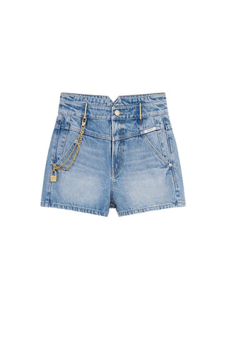 V-Shape Waistline Denim Shorts With Metal Chain