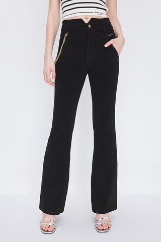 Black Denim Jeans With V Shape Waist And Gold Chain