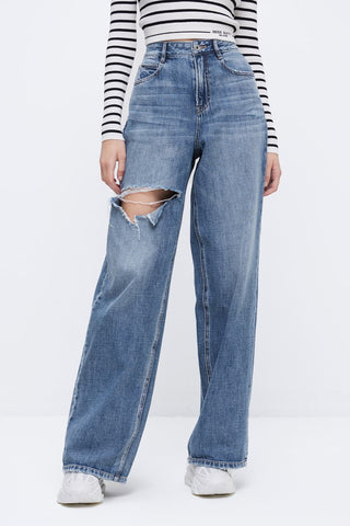 Baggy Light Blue Ripped Wide Leg Jeans