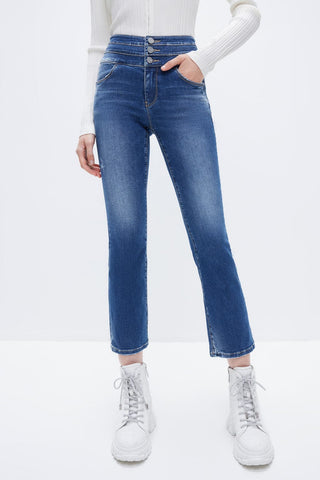 Cotton Elastic Retro High Waist Bootcut Jeans