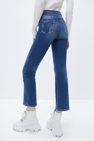 Cotton Elastic Retro High Waist Bootcut Jeans