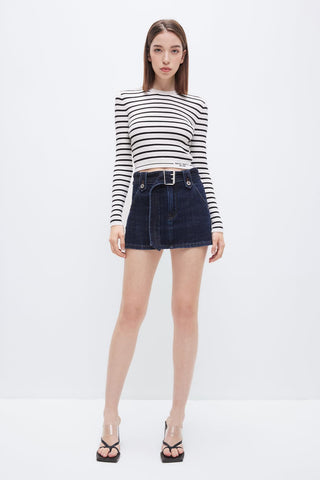 Belted Cotton Denim A-Line Skirt