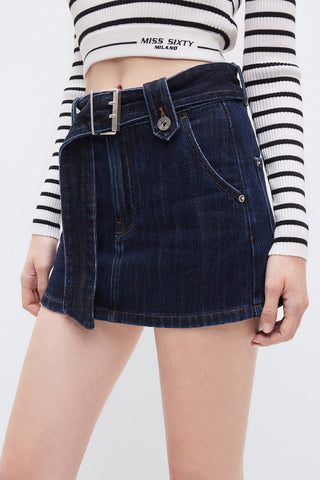Belted Cotton Denim A-Line Skirt