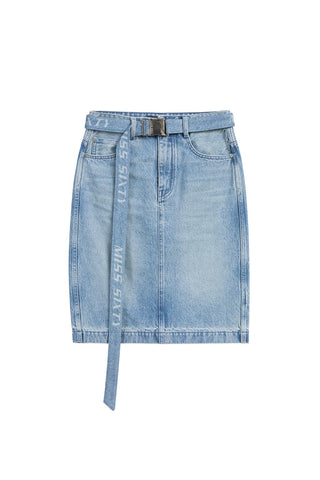 Belted Slit Denim Midi Skirt