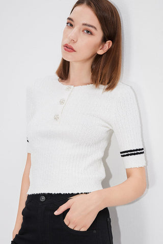 Crewneck Striped Wool Sweater With Pearl