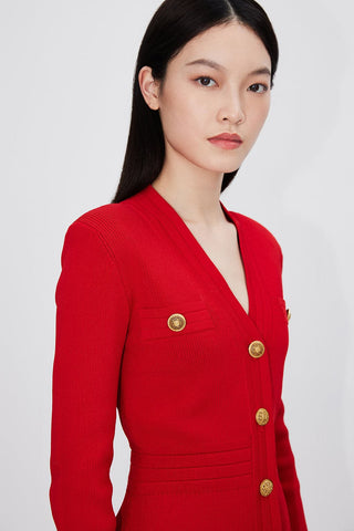 Forbidden City Culture Development V-Neck Knitted Fitted Red Dress