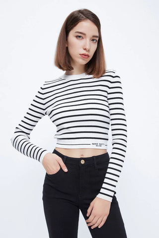 High Stretch Long Sleeves Striped Knitted Top
