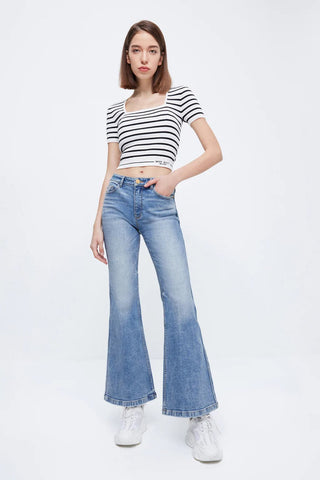 Square Neck Striped High Stretch Knitted Top