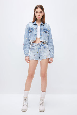 Denim Jacket With Fruit And Beaded Embellishment