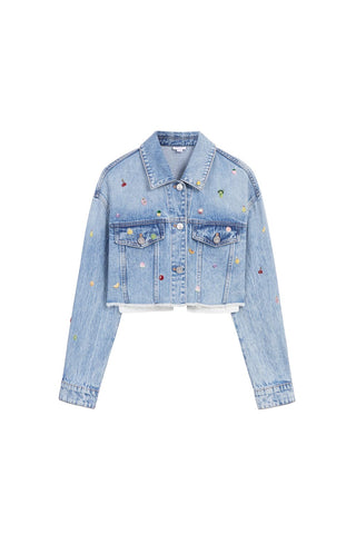 Denim Jacket With Fruit And Beaded Embellishment
