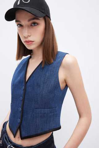 Colour Contrast Cropped Denim Vest With V-Neck