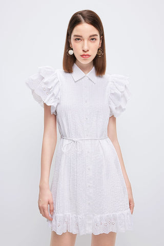 White Flutter Sleeve Shirt Dress