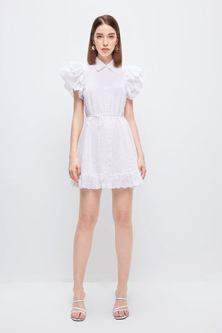 White Flutter Sleeve Shirt Dress