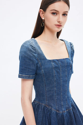 Vintage Square Neck Tunic Denim Dress