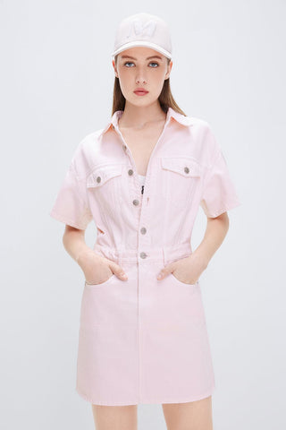Light Pink Cotton Cargo Style Denim Shirt Dress