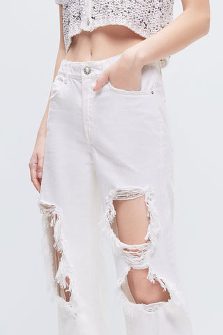 White Distressed Straight-leg Denim Jeans With Embellishment