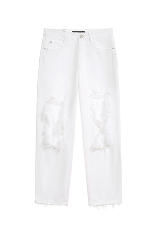 White Distressed Straight-leg Denim Jeans With Embellishment