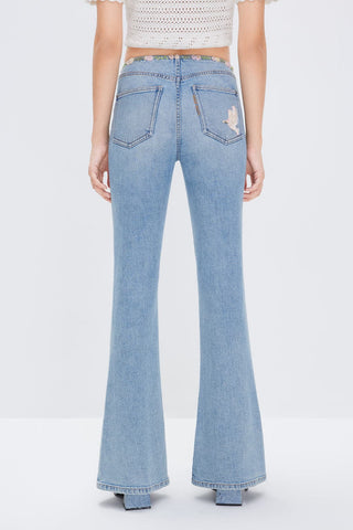 Light Blue Flared Silk Blend Jeans with Embroidery