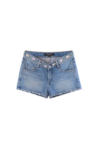 Blue Low-waist Embroidered Distressed Denim Shorts
