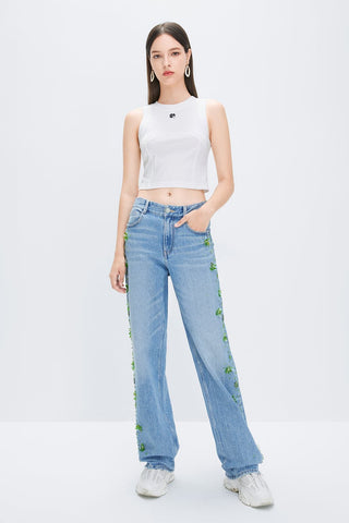 Baggy Straight Fit Leg Jeans With Linen Blend