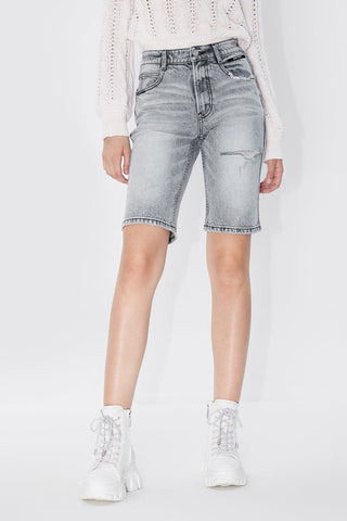 Ripped Linen-Blend Denim Shorts