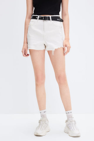 Stretchy Ripped White Denim Shorts With Silk