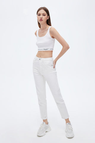 Straight White Denim Jeans With Silk