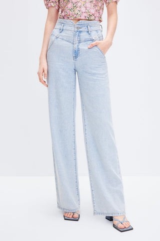 Light Blue High-waisted Linen-Cotton Denim Wide-leg Pants