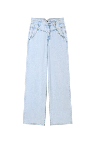 Light Blue High-waisted Linen-Cotton Denim Wide-leg Pants