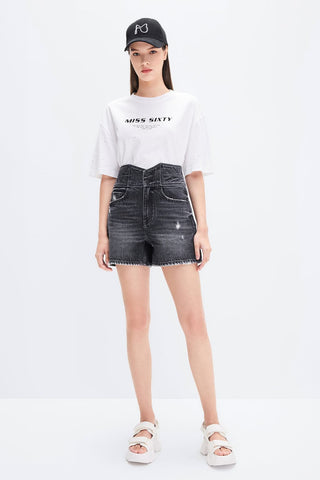 Two Buttons High Rise Embroidered Denim Shorts