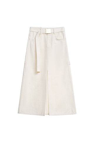 Cotton And Linen Beige Slit Cargo Skirt