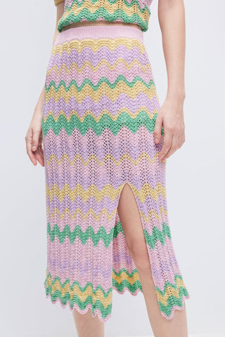 Ethnic-inspired Colorful Wavy Pattern Slit Midi Skirt