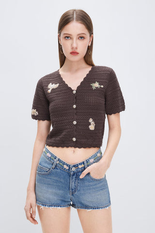 V-Neck Embroidered Hollow-out Short-sleeve Cardigan