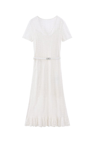 Elegant Two-piece Set Hollow-out Silk Linen Dress