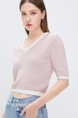 Contrasting Colour V-Neck Cropped Sweatshirt