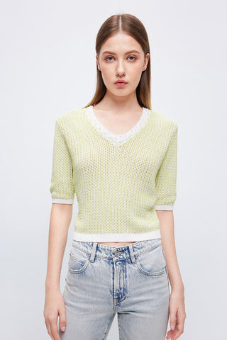 Contrasting Colour V-Neck Cropped Sweatshirt