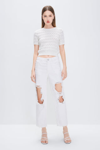 White Round-neck Short-sleeve Knit Top With Hollow-out Design