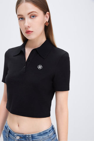 Polo Neck Clover Embroidery T-Shirt