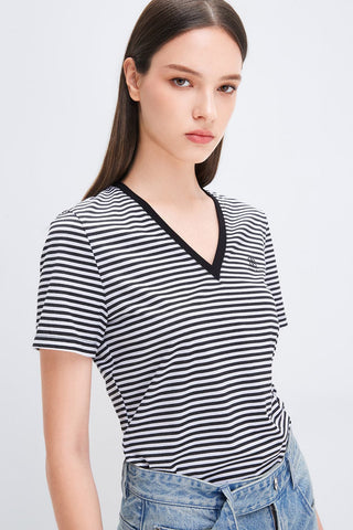 V-Neck Black And White Striped T-Shirt