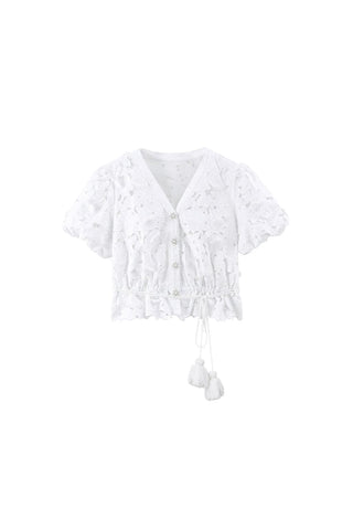 V-Neck Tassel Tie Linen Denim Top
