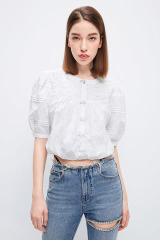 Short-Sleeves Shirt With Beaded Bow